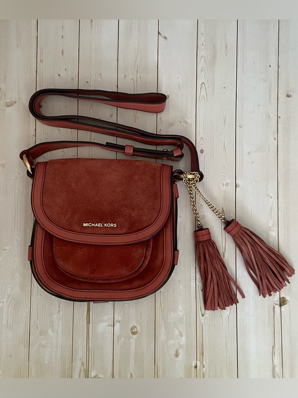 Michael Kors Dunn Burnt Sienna Suede Crossbody Saddle Bag Leather Suede Tassels